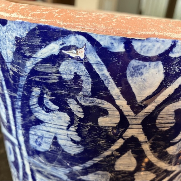 New Pottery Barn Ikat Tile Hand Painted Terracotta Planter, Small Pot Plant Pot - Picture 10 of 16